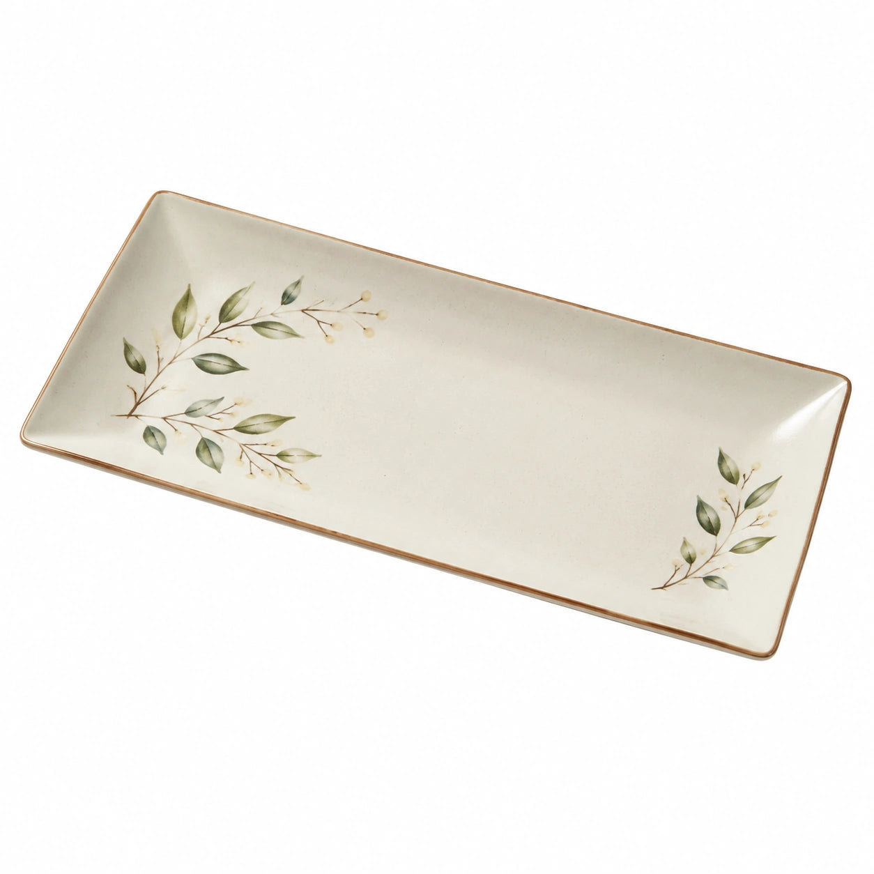 Assiette Rectangulaire en Ivoire avec Motif Feuilles
