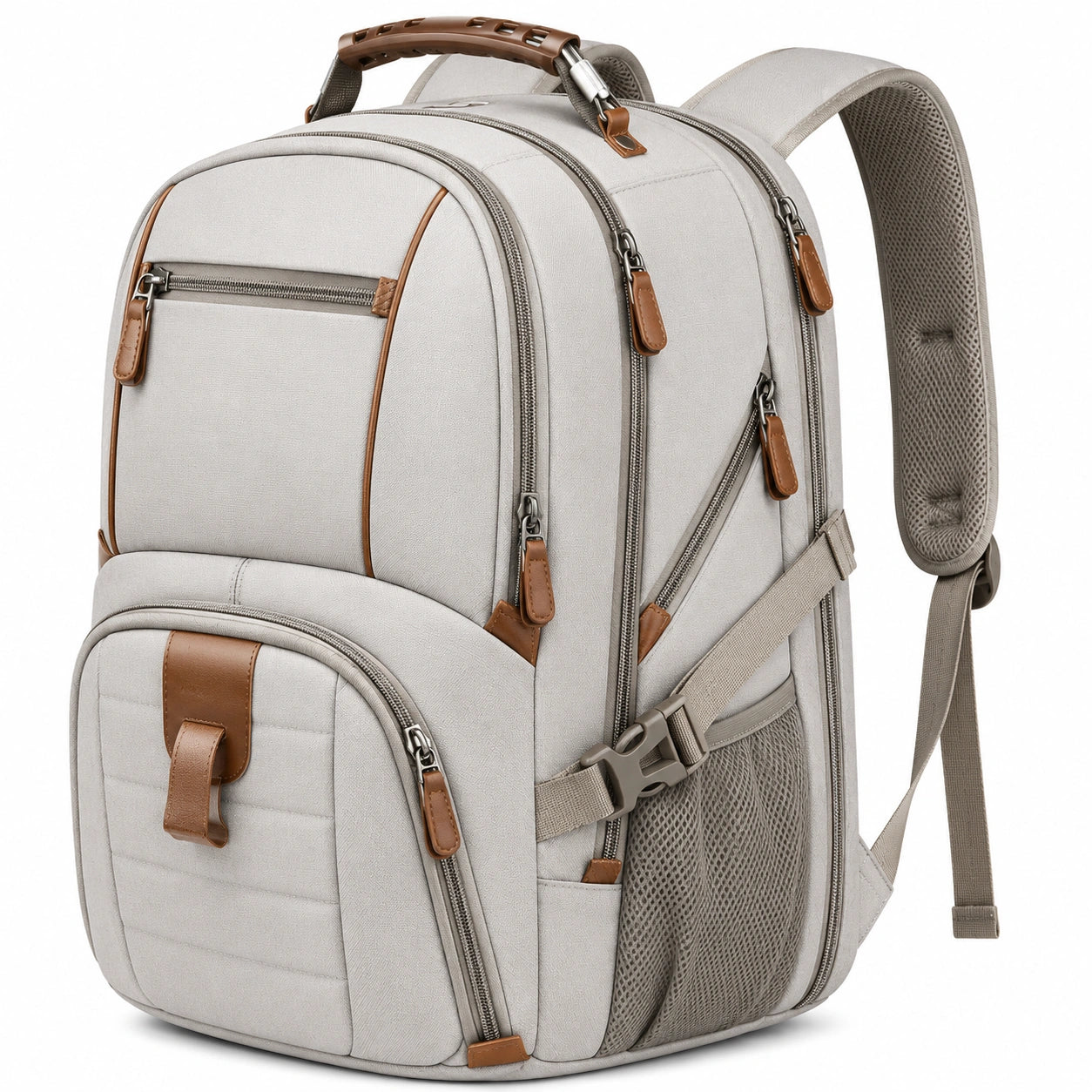 Sac à dos urbain multifonction beige avec détails en cuir