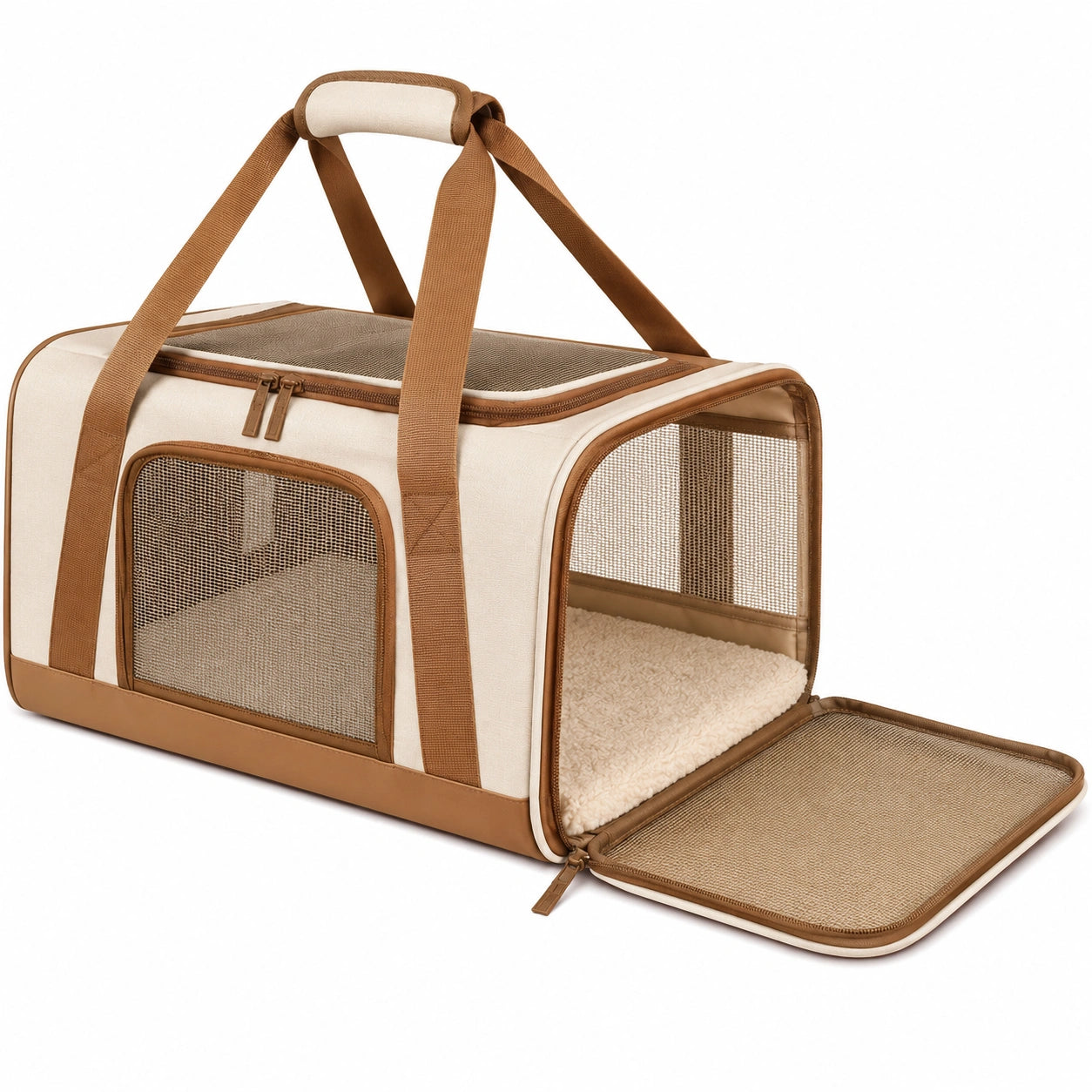 Sac de transport pour animaux beige et marron avec maille respirante