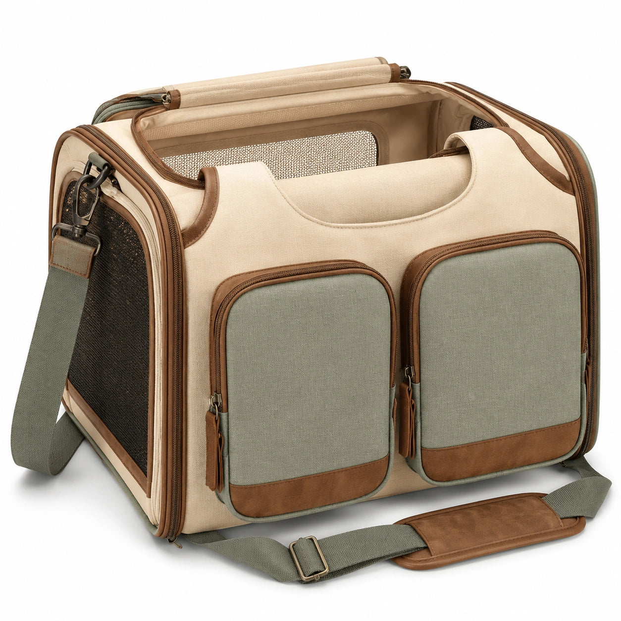 Sac de transport pour animaux avec poches multiples beige et vert