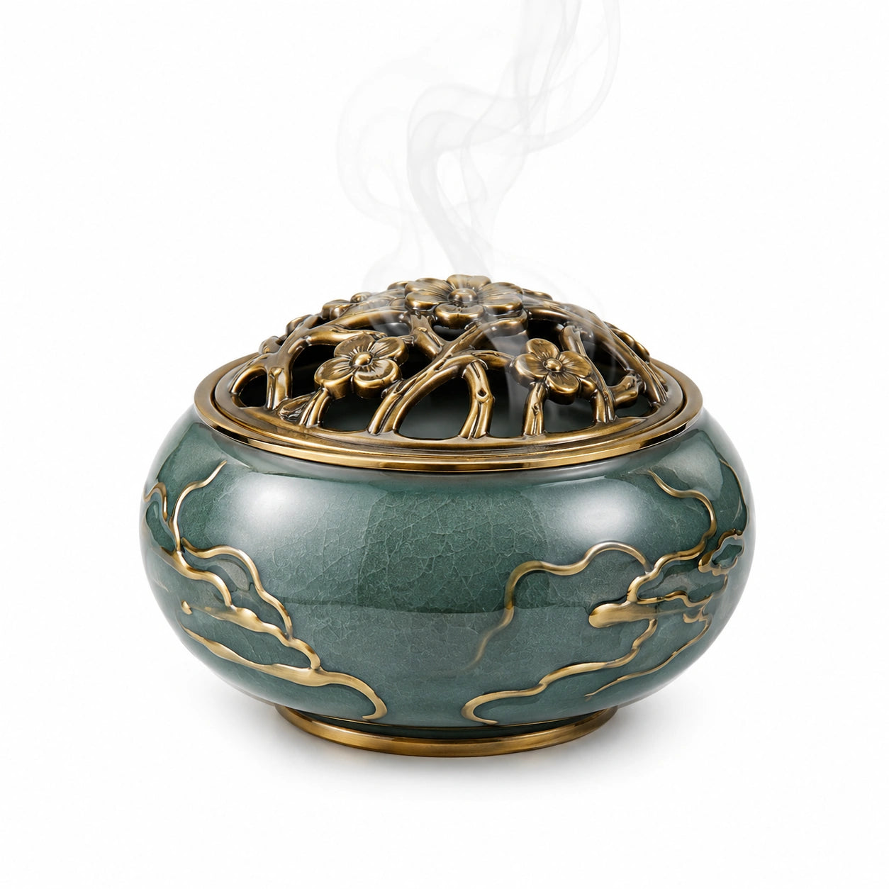 Brûleur d'encens vert avec couvercle ajouré floral doré