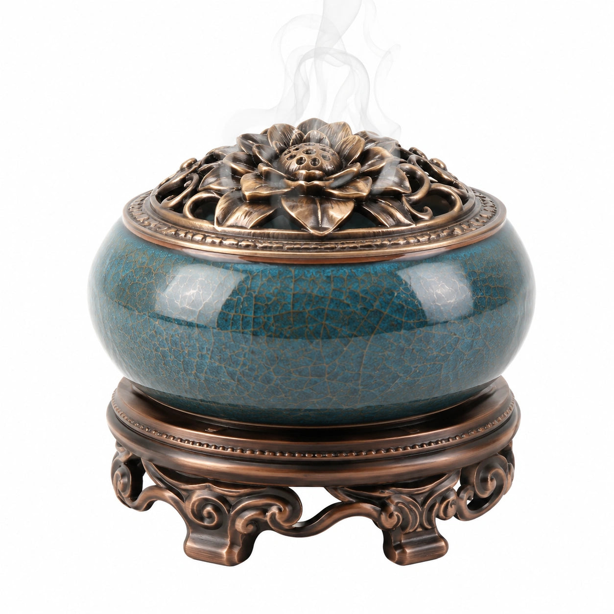 Encensoir en Céramique Bleu avec Fleur de Lotus