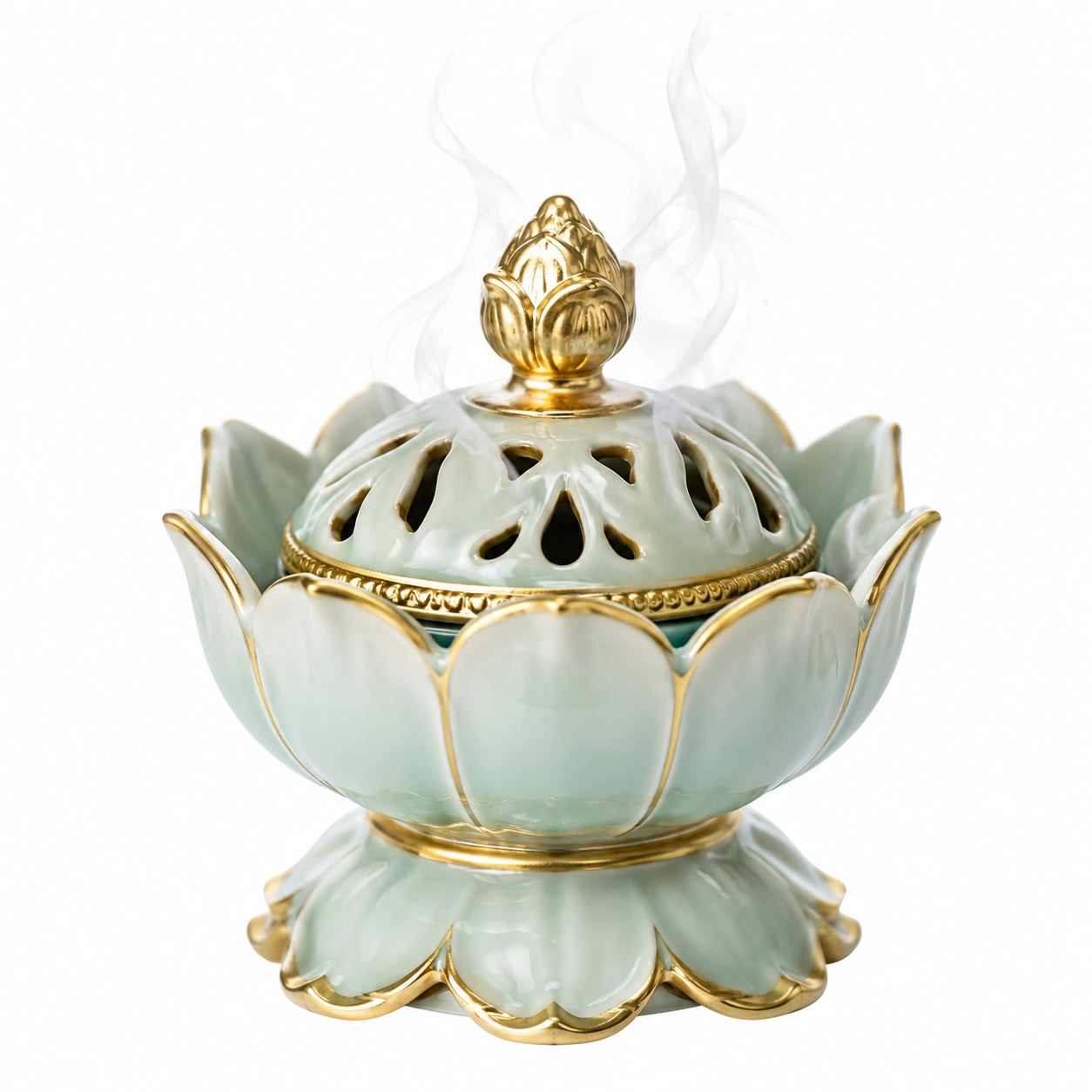 Brûleur d'encens lotus vert et doré en céramique