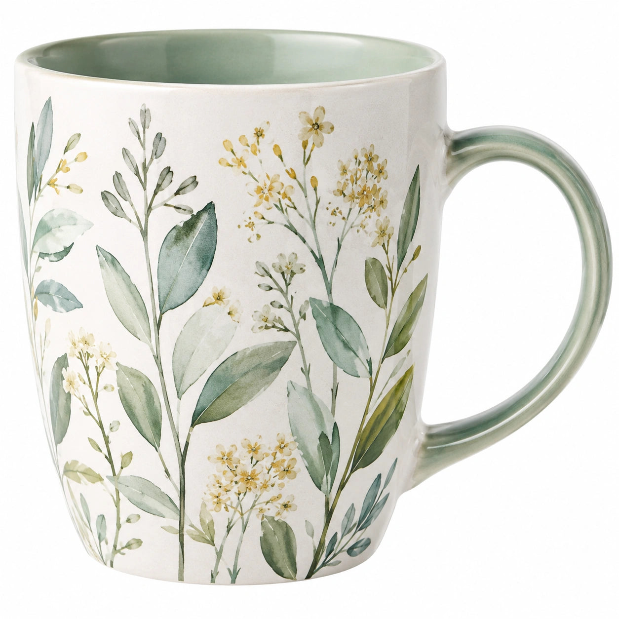 Mug en Céramique avec Motifs Floraux 350ml Vert et Blanc