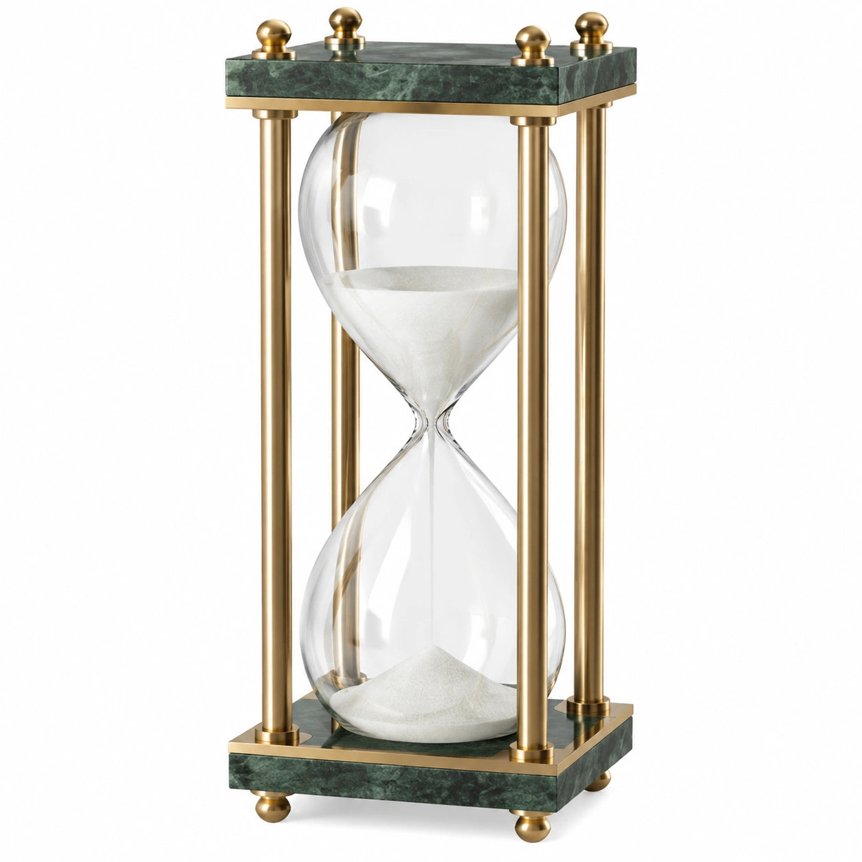 Sablier Décoratif 30 Minutes en Verre avec Support Doré et Base en Marbre Vert