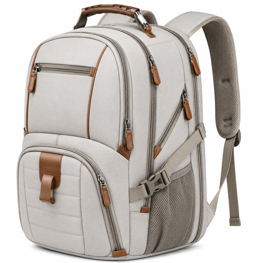 Sac à dos urbain multifonction beige avec détails en cuir