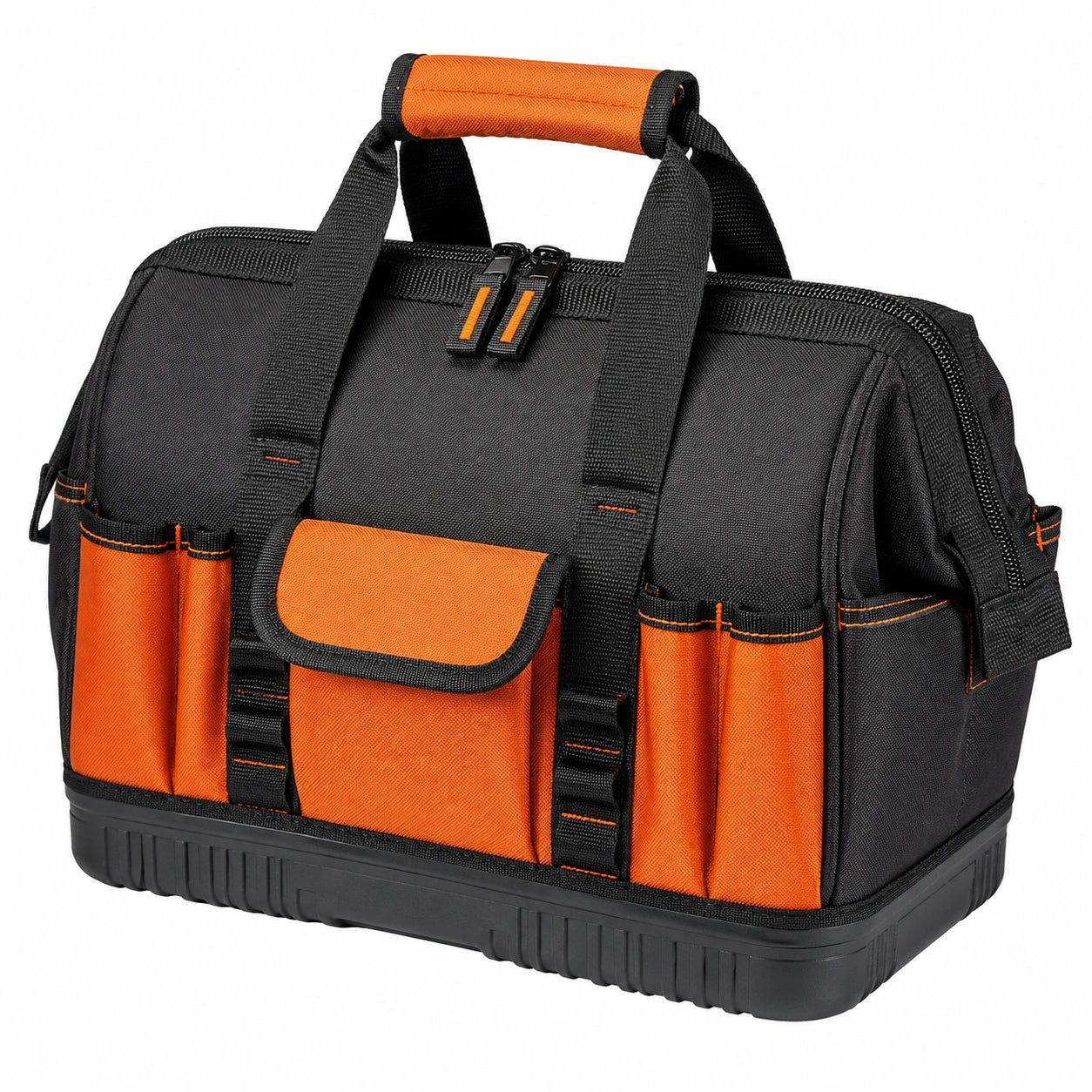 Sac à outils professionnel noir et orange avec multiples compartiments