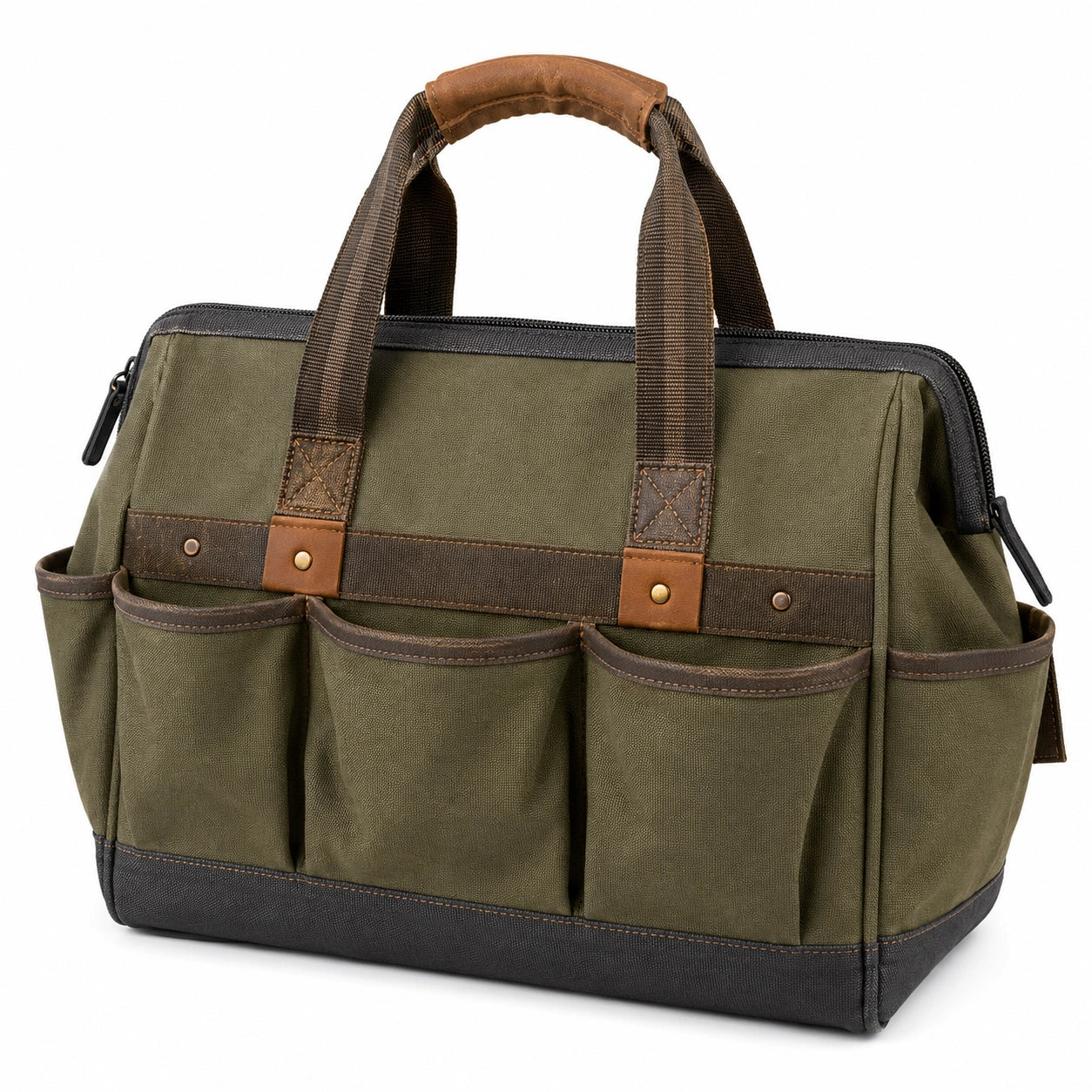 Sac à outils vert avec multiples poches et fermeture éclair