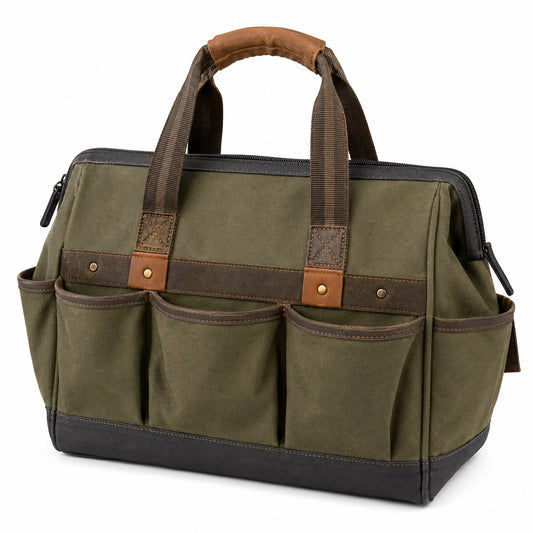 Sac à outils vert avec multiples poches et fermeture éclair