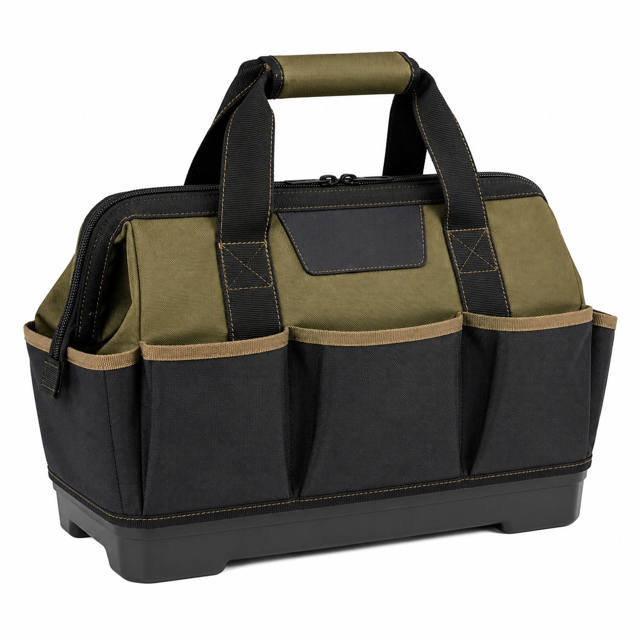 Sac à outils multi-compartiments noir et vert avec fermeture éclair