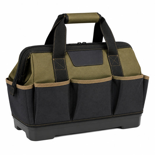 Sac à outils multi-compartiments noir et vert avec fermeture éclair