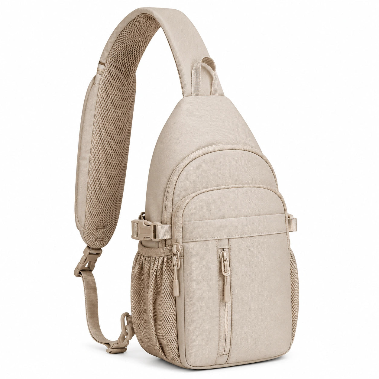Sac à dos bandoulière unisexe beige avec poches en filet