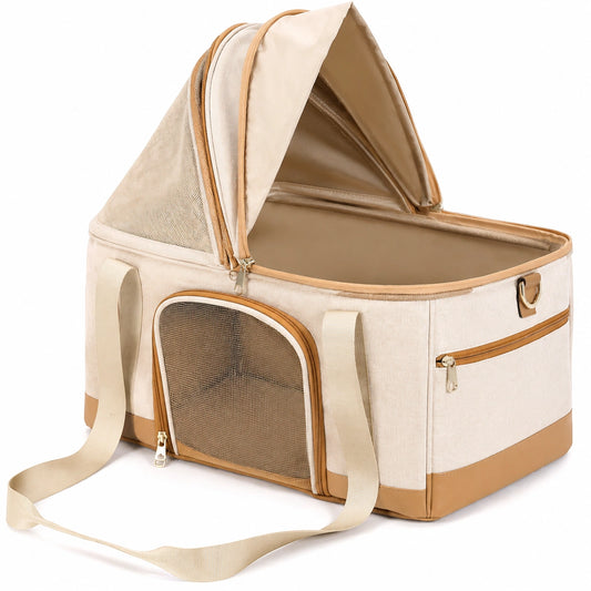 Sac de transport pliable beige pour animaux de compagnie