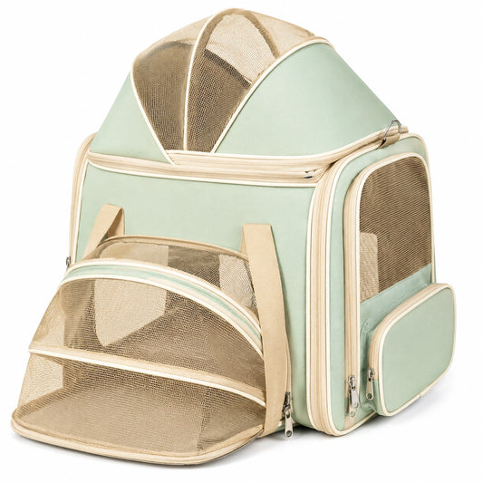 Sac à dos transporteur pour animaux vert menthe et beige avec fenêtres en maille