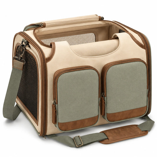 Sac de transport pour animaux avec poches multiples beige et vert