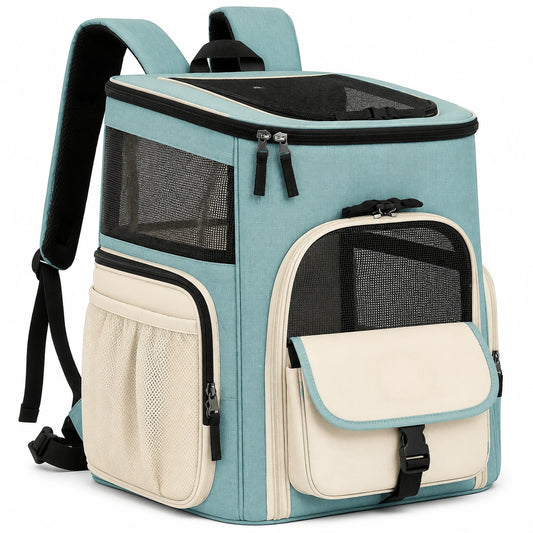 Sac à dos pour animaux de compagnie ventilé bleu et crème