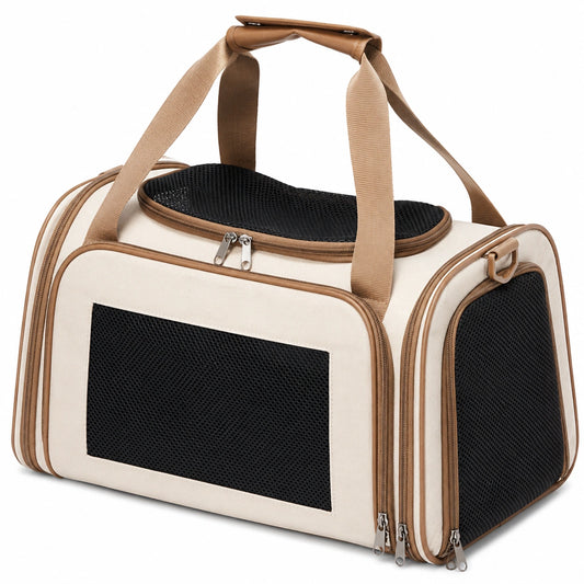 Sac de transport beige et noir pour animaux avec ventilation en filet