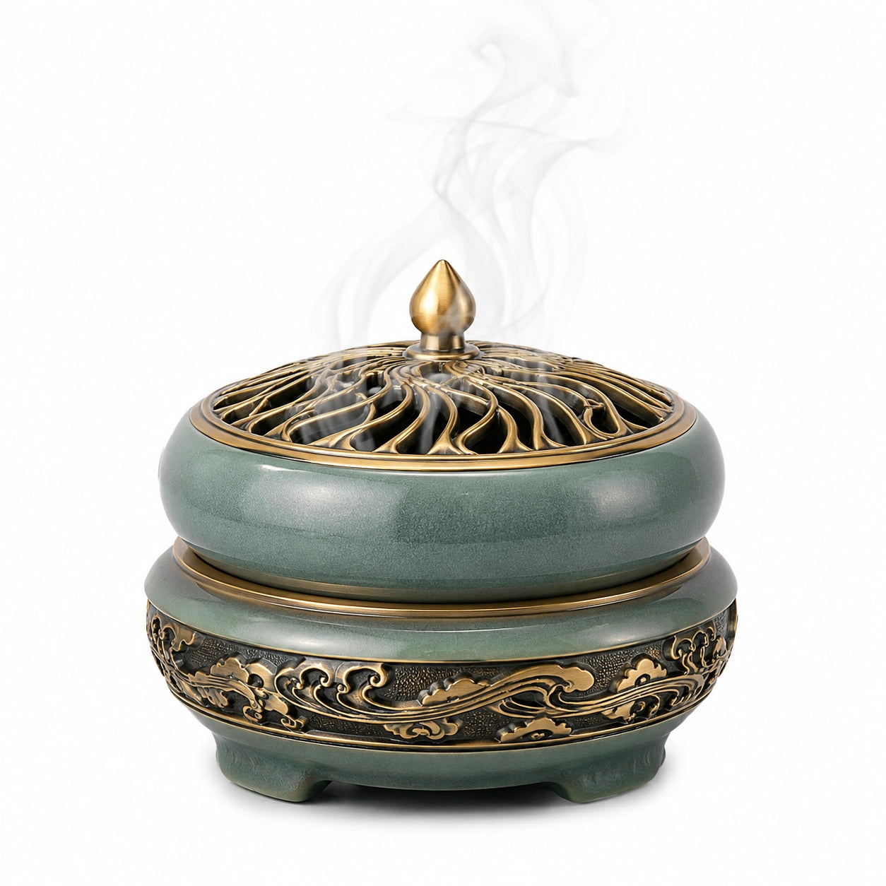 Brûleur d'encens traditionnel en céramique et bronze ajouré vert