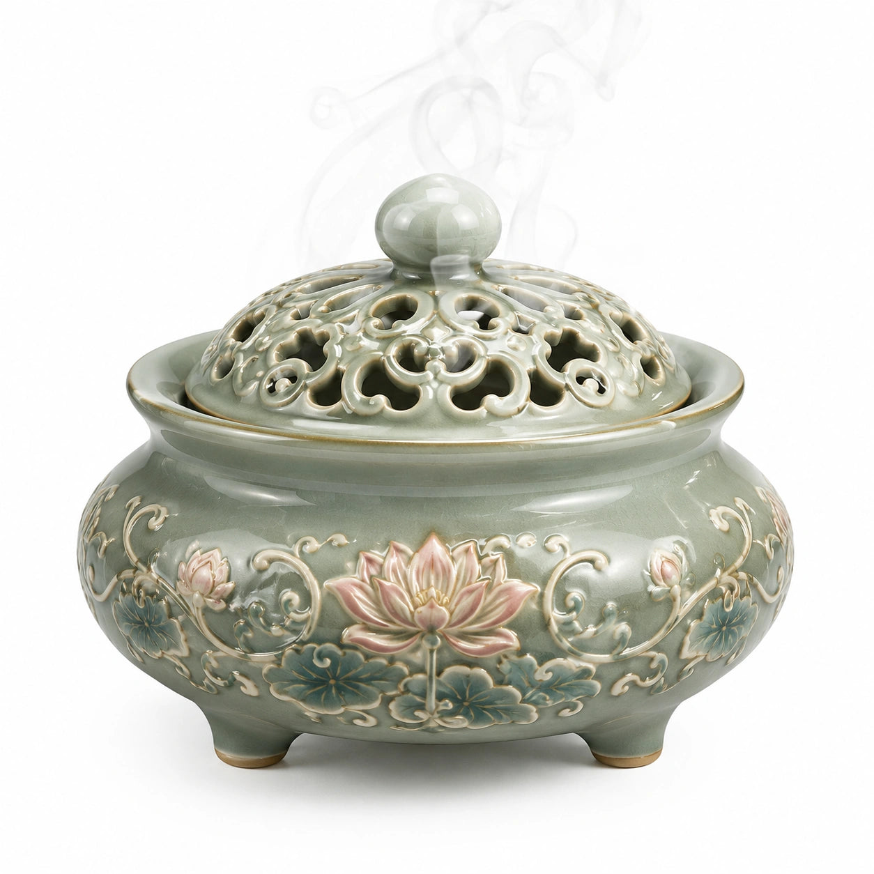 Brûleur d'encens en céramique vert pâle avec motifs de lotus