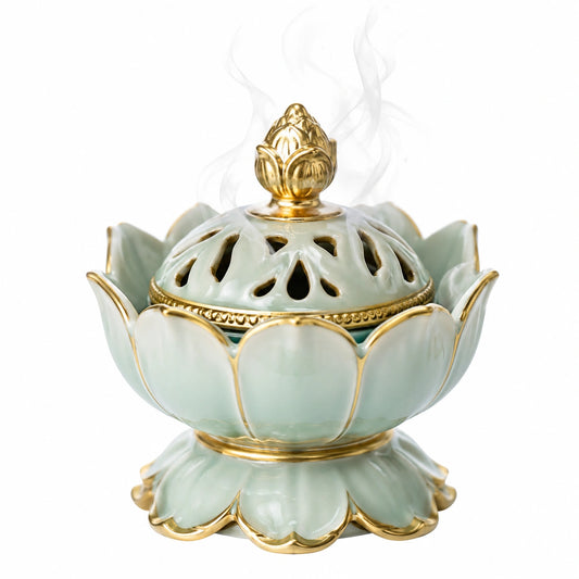 Brûleur d'encens lotus vert et doré en céramique