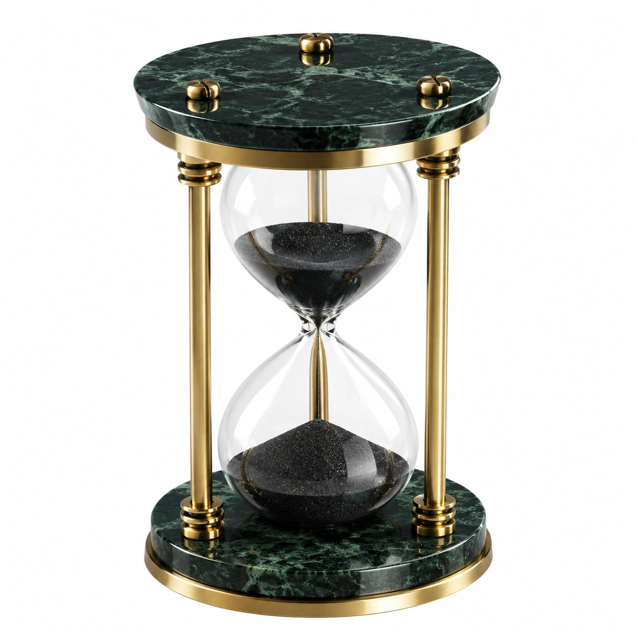 Sablier Décoratif en Métal Doré avec Base en Marbre Vert et Sable Noir