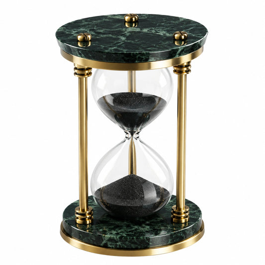 Sablier Décoratif en Métal Doré avec Base en Marbre Vert et Sable Noir