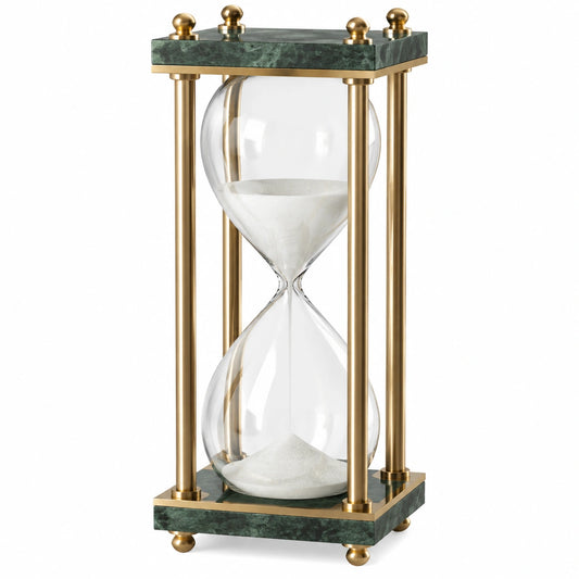 Sablier Décoratif 30 Minutes en Verre avec Support Doré et Base en Marbre Vert